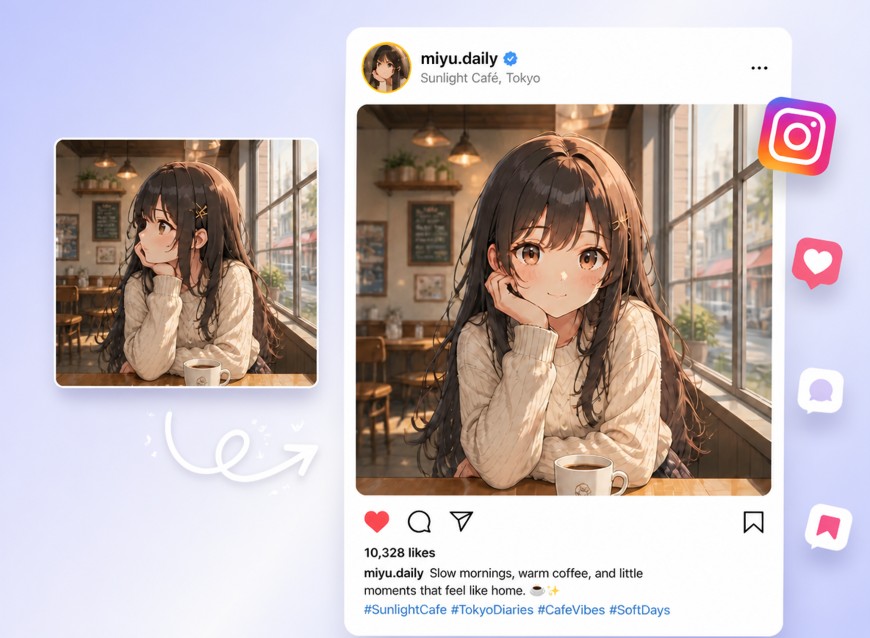 Correct the eye gaze of an anime girl in a photo and share the edited image in social media