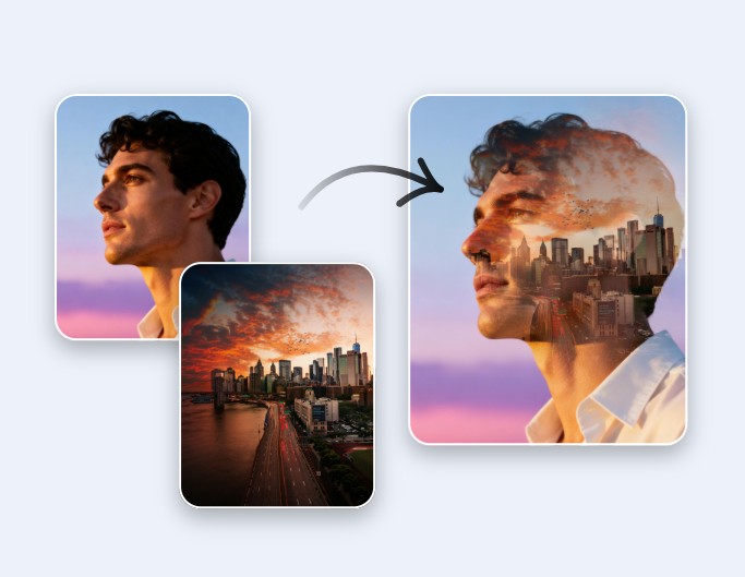 Create a masking artwork with a photo of a boy and cityscape