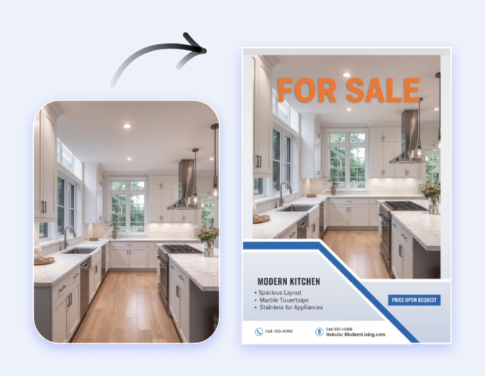 Create a real estate promotional material from an ai modern kitchen design