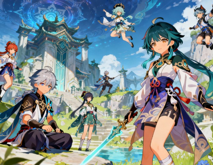 Create ai genshin impact characters and make a piece of fan art