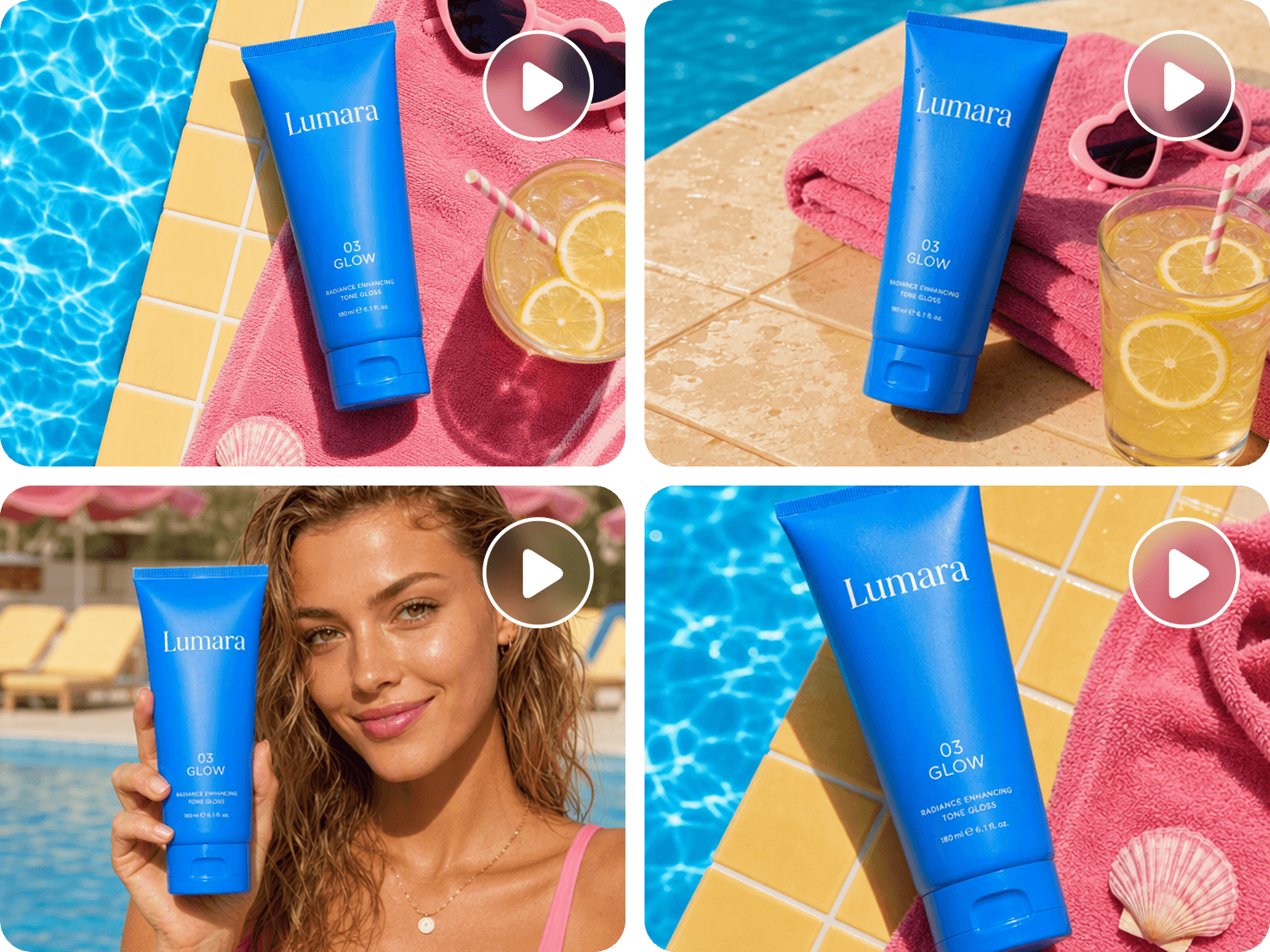 Create four different ai ads with consistent subjects based on a skincare product