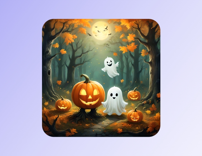 Cute halloween picture showing a smiling pumpkin and a frriendly white ghost