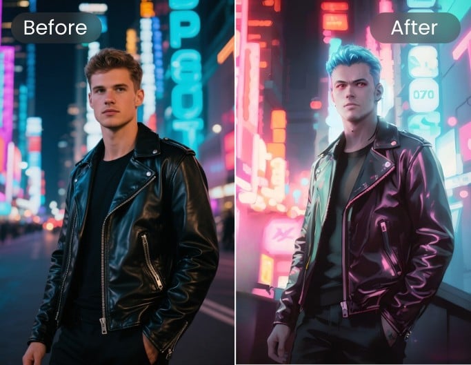 Ein Foto eines Mannes in schwarzer Kleidung im Cyberpunk Stil umwandeln