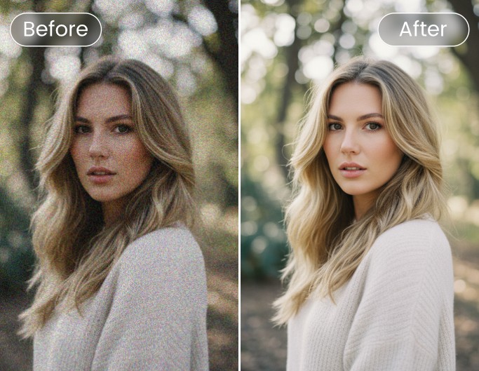 Denoise a photo of a beautiful blond lady