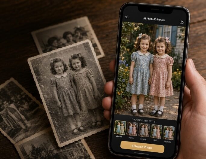 Digitize and save an old photo to a phone after restoring it with fotor ai