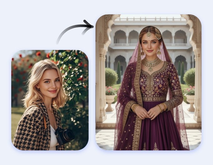 Dress a woman up in indian saree and set the background in indian palace