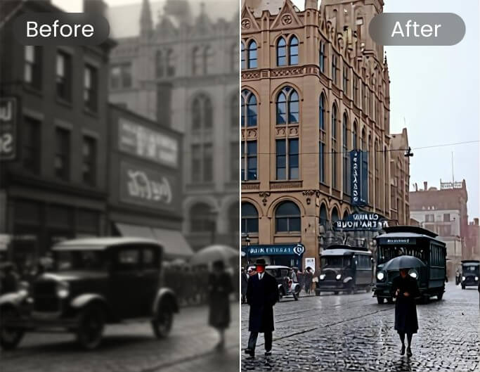 Enhance the image quality of a historical street scene photo