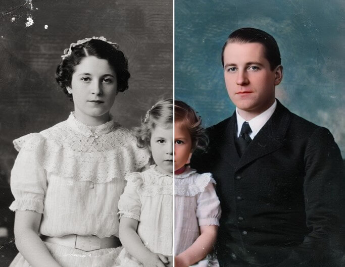 Enhance the quality and color of a black and white old photo portrait