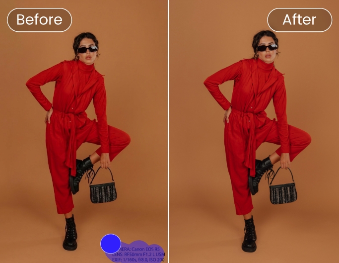 Erase camera logo from a fashion model photo