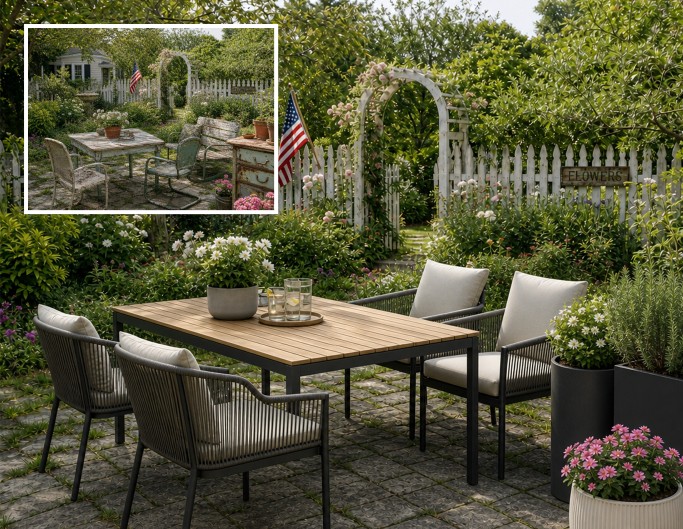 Ersetze den gartenmoebel mit dem ki tool von fotor