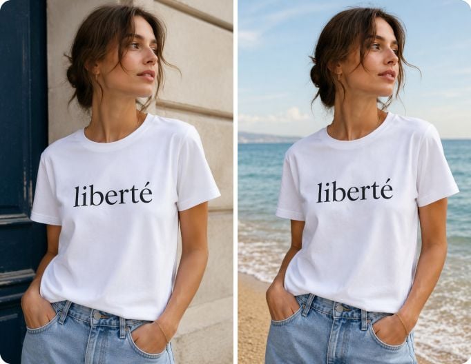 Erstelle mit ki neuen hintergrund von einem shot einer frau in weissem tshirt