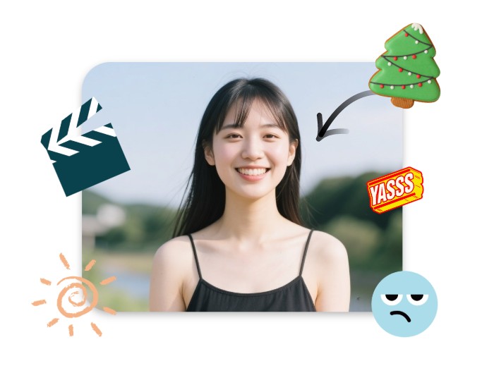 女性の顔写真にいろな顔隠し素材を適用して調整する