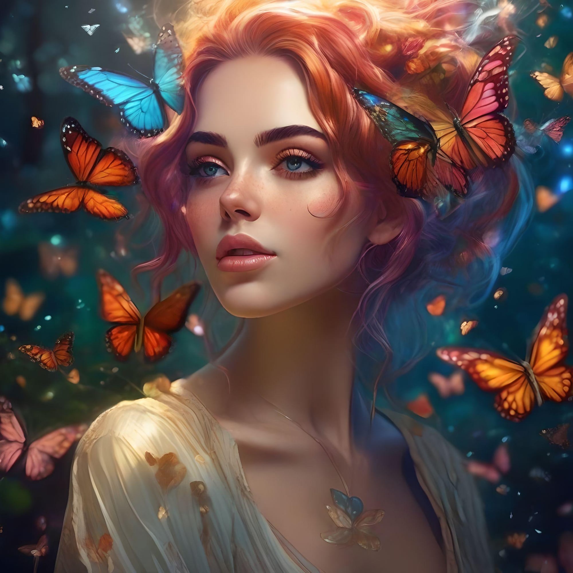Fantasy girl with butterflies colorful hair