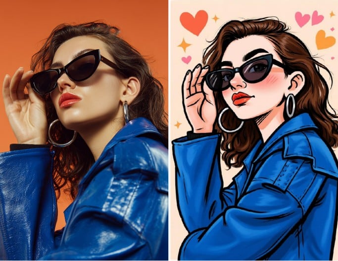 Originales Bild und Bild der Frau mit Sonnenbrille im übertriebenen Cartoon-Stil