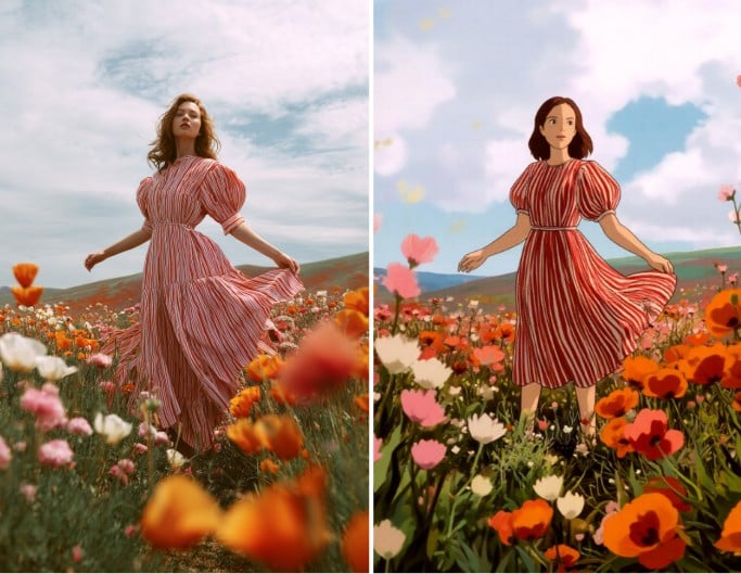 Originales und Comic-Stil einer Frau in einem Blumenfeld