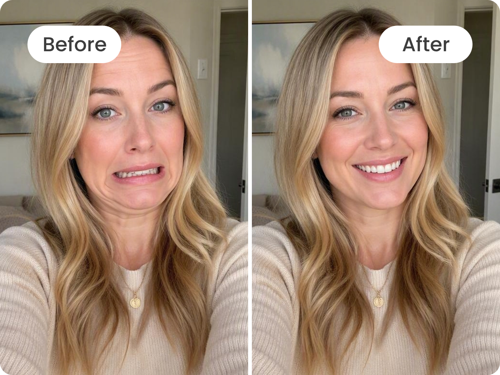 Fix the girl awkward selfie to a smile