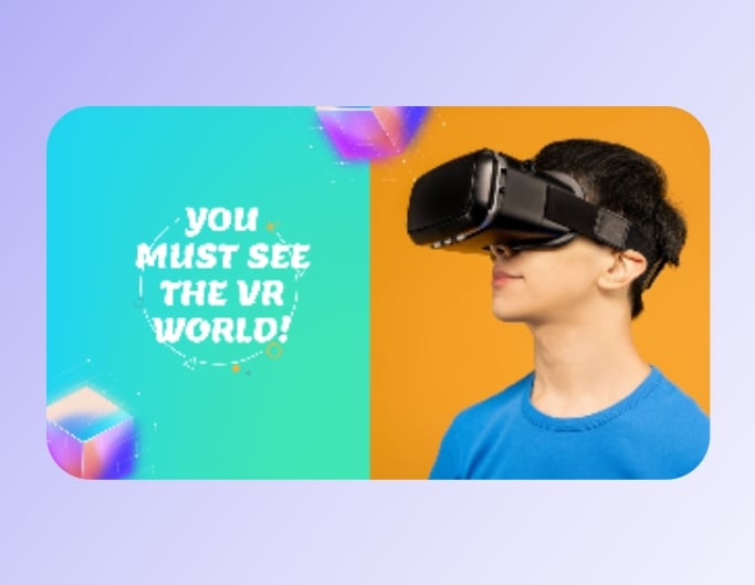 Foto youtube banner template with a boy wearing a vr device in an orange bg on the right a green bg with text on the left