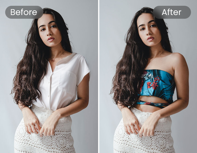 Fotor ai clothes changer to change a ladys wihte dress to blue tube top