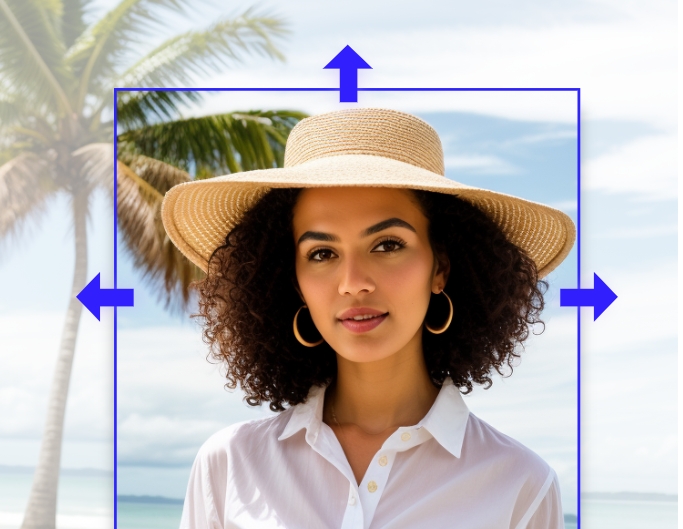 Fotor ai image extender to expand a picture of a lady in a yellow straw hat