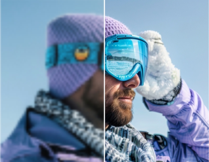 Fotor ai image upscaler to enhance the quality of a video showing a man with a blue skiing sunglasses