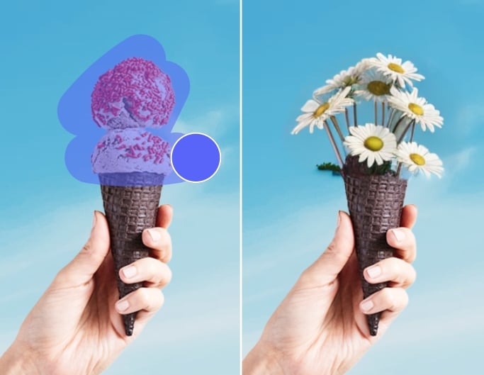Fotor ai replace to change the icecream to white flowers with ai