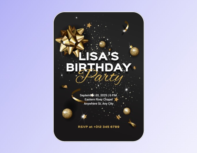 Fotor black birthday poster templates showing white and gold text to celebrate the birthday of lisa