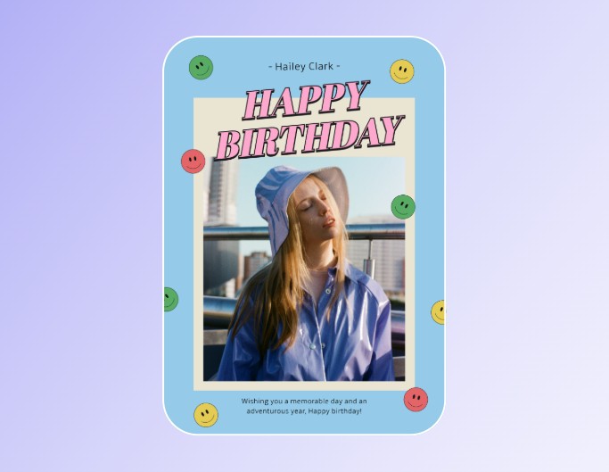 Fotor blue birthday poster templates about a theme of a beautiful lady wearing a hat in front of a blue background