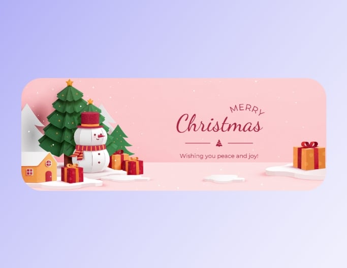 クリスマスツリーとピンの背景の前にクリスマスの雰囲気のある雪だるまを描いた Fotor のクリスマス Facebook カバー テンプレート