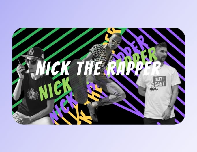 Fotor cool yt banner template showing three hip pop men swagging in a purple and green lines bg