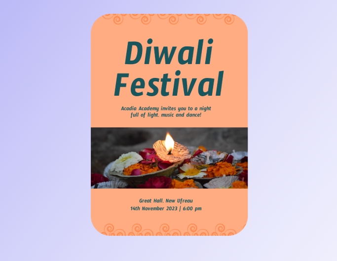 Fotor diwali poster template an orange diwali poster with a candle and red rose petals