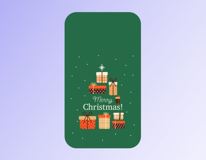 Fotor christmas phone wallpaper template with an example of a cartoon christmas tree shaped made by gifts in a green bg