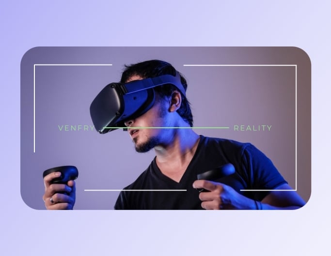 Fotor gaming yt banner template showing a man wearing a vr glass in a grey bg