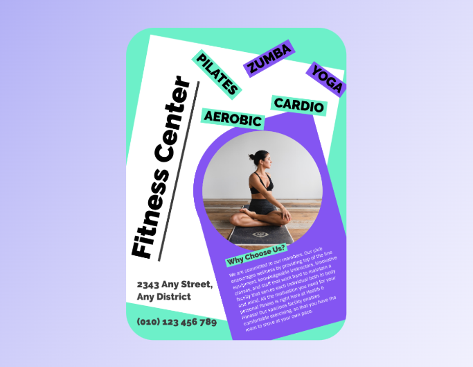 Fotor marketing flyer template featuring a fitness center promo info with a lady doing yoga
