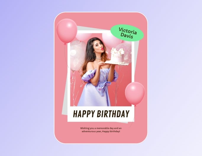 Fotor pink birthday poster templates about a theme of a beautiful lady holding a birthday cake in front of a pink background