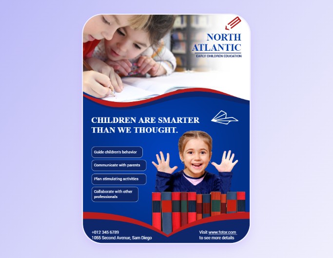 Fotor school poster template a white and blue music poster with a little girl waving hello and two kids writing homework