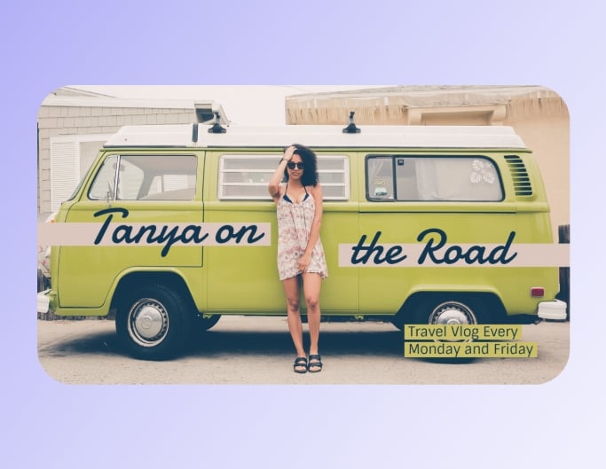 Fotor travel yt banner template showing a lady standing in front of a van