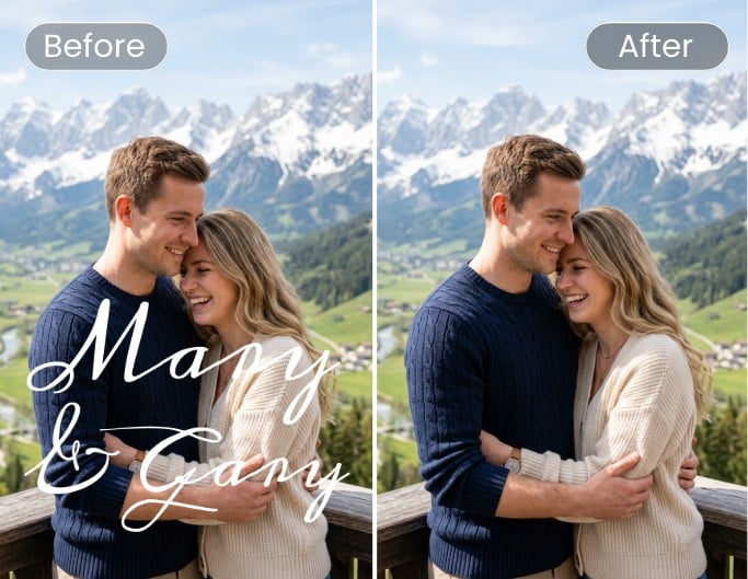 カップル写真の署名あり・なしでのFotor透かし除去ツール使用前後の比較