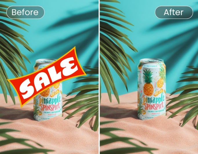 商用画像のテキストセール前と後のFotor透かし除去ツール