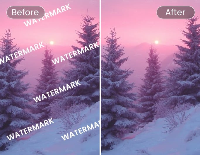 Fotorの透かし除去ツール横長画像のタイル状透かしの除去前と除去後