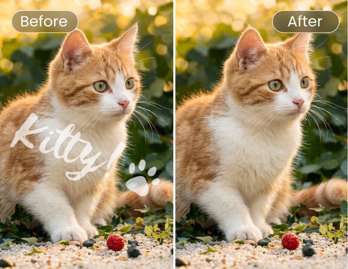 子猫の写真の透明なウォーターマーク消す、Fotorのビフォーアフター