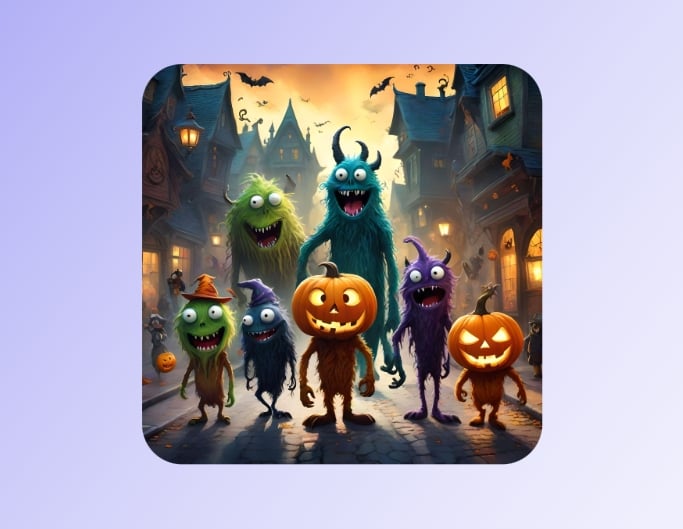 Fun halloween picture showing seven different funny monsters walking in a street