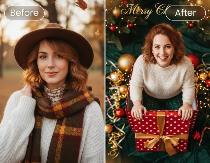 Generate a christmas gift box themed profile picture from a womans photo