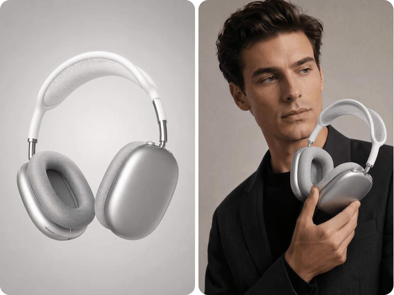 Generate a flatlay and an on model visual of an earphone