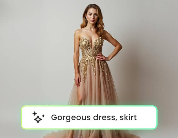 Generate a gold long gawn for a lady in fotor ai clothing generator