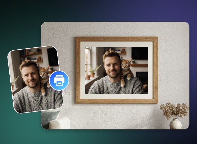 Generate a group photo with a cat and print it in a photo frame