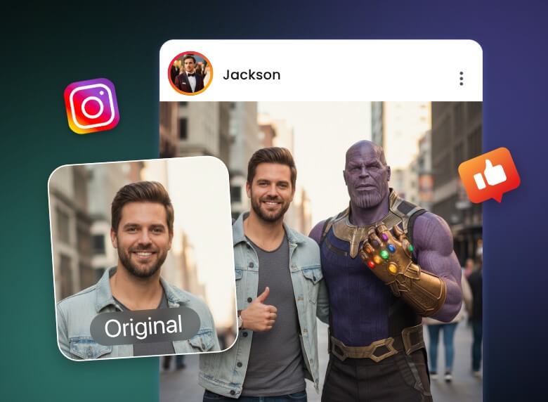 Generate a group photo with one person and thanos from a single photo and share it on social media