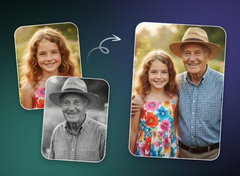 Generate a memorial group photo with a girl and an elderly person to remember loved ones