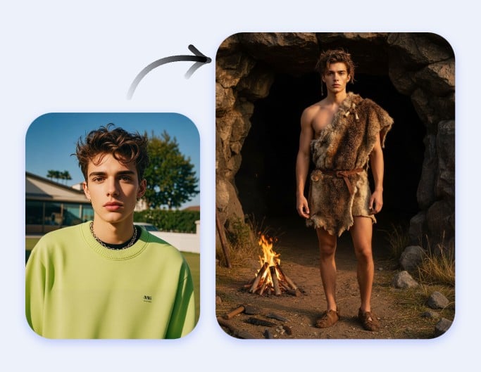 Generate a portrait of a man wearing like a stone age man
