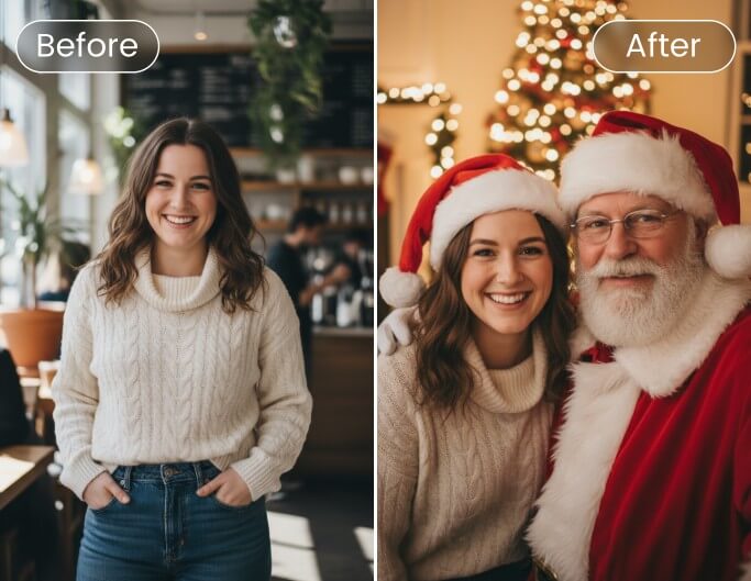 Generate a profile picture of a woman posing with santa claus from a photo