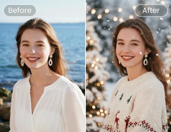 Generate a snowy christmas profile picture from a girls photo